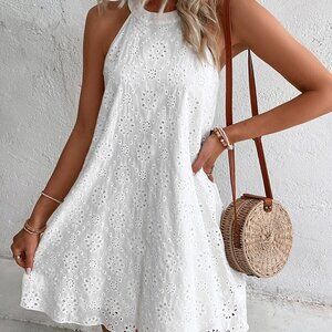 Boho White Women's Eyelet Halter Neck Tunic with Embroidery & Keyhole Back